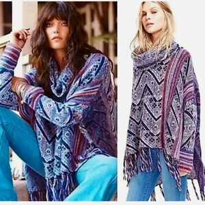 Free People Be the One Bohemian Fringe Knit Poncho wool alpaca blend sweater